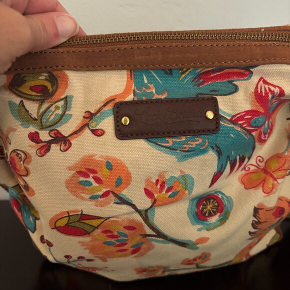 Lucky Brand Flowers and Butterfly Patterned Canvas Brown Suede Shoulder Bag - Picture 5 of 13